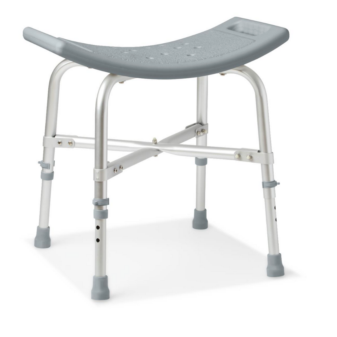 The Medline Bariatric Shower Chair without Back supports up to 550 lbs and features a lightweight, gray and silver design with a curved plastic seat, metal legs, and slip-resistant rubber tips for enhanced stability.